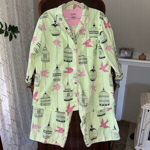 Nick & Nora Y2K 100% Cotton Birdcage Print Women's Pajama Set Light Green XXL